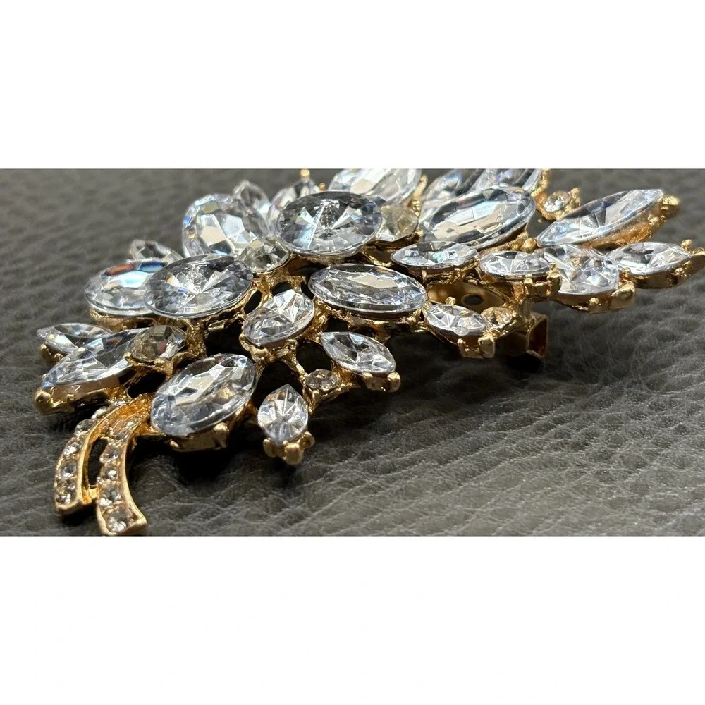 Vintage Clear Rhinestone Cluster Leaf Brooch Rivoli Marquise Crystal Gold Tone